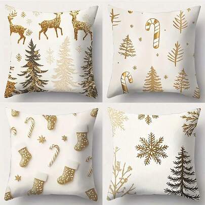 4 件节日圣诞枕套，17.72 英寸方形，现代风格，涤纶，可机洗，拉链开合，编织装饰靠垫套，带有树、鹿、袜子、拐杖糖、雪花印花，适用于客厅沙发装饰 - 无插入物