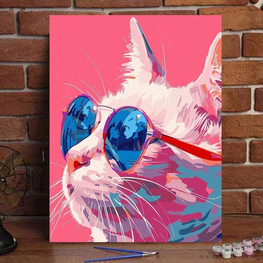 DIY 数字油画套装 - 戴时尚眼镜的猫,适合缓解压力,数字绘画,手工制作,房间装饰墙艺术,壁画,初学者绘画,送给朋友的完美礼物 - 彩色 - 查看 1
