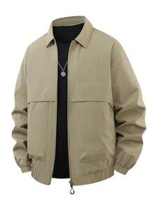 Men's Casual Solid Color Turndown Collar Zip-Up Fitted Jacket, Spring/Autumn - Champagne - View 2