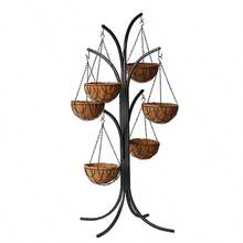 Takasho 6 Hanging Baskets Stand Black Silver Modern Rust Resistant Outdoor Floor Mount