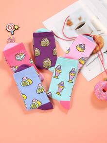 5 Pairs/Sets Of Women's Four Seasons Dessert Pattern Mid-Tube Socks Combination