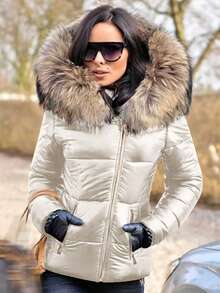 Women's Fashion Glossy Fluffy Collar Hooded Zip-Up Winter Jacket - Pearl White - View 4