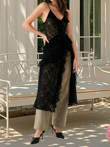 Women Lace Camisole, Sleeveless Tops V-Neck Slit Ruffled Summer Long Sheer Tops Clubwear - Black - View 3