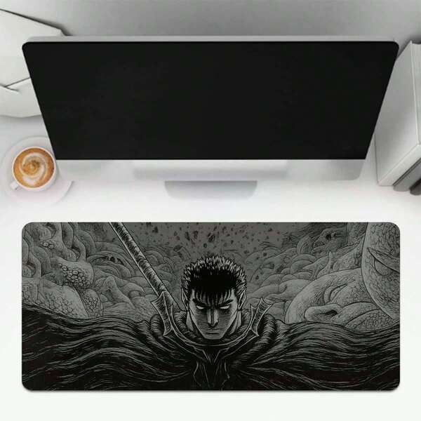 1pc Dark Fantasy Monochrome Warrior Extended Mouse Pad | Intense Hand-Drawn Battle Scene, Demonic Creature Design | Large Size, Non-Slip Rubber Base, Smooth Precision Surface | Ideal Desk Accessory For Anime Fans, Dark Fantasy Enthusiasts & Gamers | Perfect Gift For Manga Lovers & Edgy Aesthetic Seekers