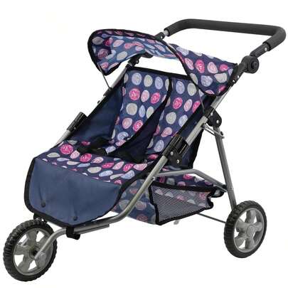 Bibi Doll Blue Twin Stroller, Ideal Twin Dolls Prams And Pushchairs - Adjustable Canopy And Handle, Under Storage Space, Collapsible - Dolls Double Buggy Toy Pram Double Dolls Pram