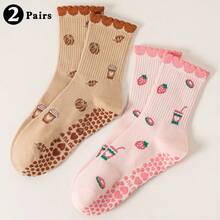 女士瑜伽袜，防滑普拉提袜，可爱草莓蛋糕图案蕾丝边袜，柔软舒适透气中筒运动袜，休闲百搭，适合瑜伽、普拉提、舞蹈、健身，四季皆宜 - 彩色 - 查看 12