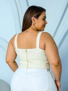 PLUS SIZE BENGALINE CROPPED TOP WITH STRAP AND POINT DETAIL - 奶油色 - 查看 2