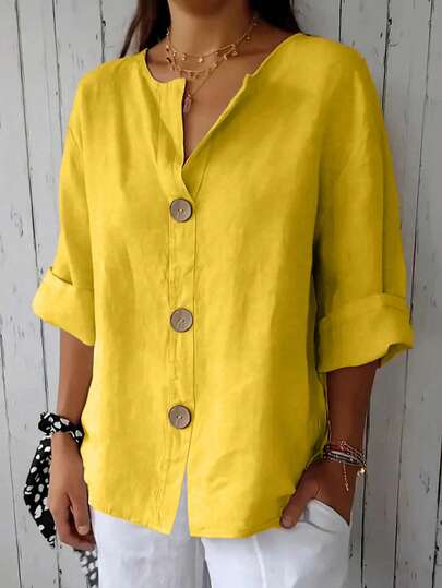 Plus Size Women's Solid Color Front Button Shirt