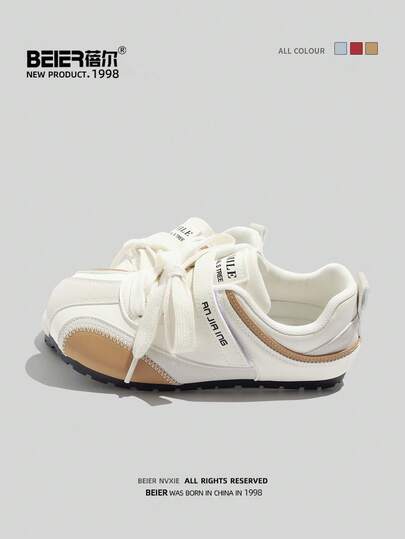 BEIER حذاء رياضي نسائي كاجوال مريح وعصري بتصميم ربطة الدانتيل ذو ألوان متباينة
