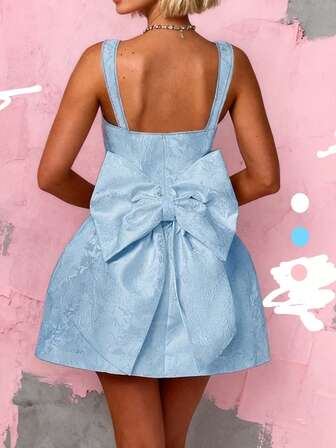 WOWDARK 女士冬季连衣裙，蓝色情人节连衣裙，时尚方领蝴蝶结A字吊带裙，适合情人节、约会、聚会、派对、旅行、度假、海滩等场合。