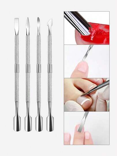 4 Stück Doppelendige Nagelhaut-Schaber aus Edelstahl, zum Entfernen von Nagellack, geeignet für Frauen zum Entfernen von Kunstnägeln und zum Trimmen von Nägeln, Nagelpflege-Zubehör, Pediküre