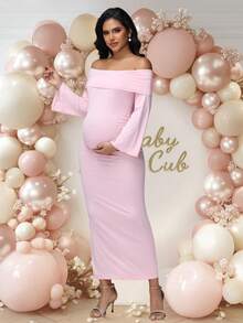 JustVH Maternity Dress Bell Sleeves Ruched Bodycon Maxi Elegant Pregnancy Dresses New Year Baby Shower Photoshoot - Pink - View 4