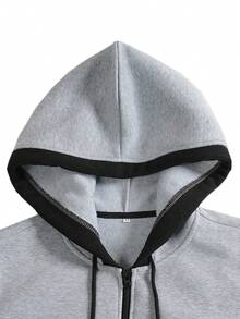 Men's Zip-Up Hoodie With Color Blocking, Thermal Lined For Autumn/Winter - Light Grey - View 3
