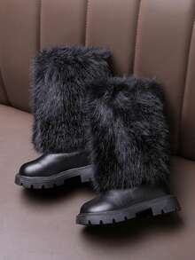 1 Pair Black Tall Snow Boots For Girls, Soft & Comfortable Rabbit Fur PU Fabric Plush Lining, Back Zipper Design Round Toe Soft Sole, Fashion High-Top Boots Suitable For 3-12 Years Old Female Students, Party, Performance, Campus, Skiing, Autumn/Winter New - Black - View 4