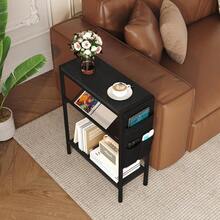 Small Narrow Side Table Small Spaces, Slim End Table With Storage Bag, Sofa Snack Table With Adjustable Metal Mesh, 3 Tier Accent Beside Table Living Room Bedroom, Rustic Brown