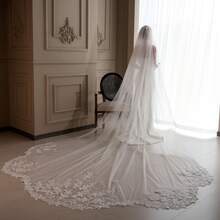 1 件新娘蕾丝头纱，超长拖尾，华丽装饰，长款婚礼拍摄柔软薄纱配饰 - 米色 - 查看 1