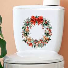 1 Stück Festlicher Weihnachtskranz Wandaufkleber - Abnehmbarer Kiefernzweig & Beeren Aufkleber mit rotem Geschenk, perfekt für Tür, Wand, Fenster oder Kühlschrankdekoration, ideal für Feierlichkeiten, Weihnachtsdekorationen