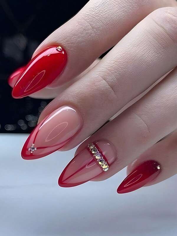 24 pezzi di unghie finte rosse a mandorla con punte francesi per l'autunno, stile Y2K, di media grandezza, con sfumature, glitter, motivi geometrici, a strisce e a pois, con brillantini, riutilizzabili, con 24 pezzi di linguette in gel e una mini lima inclusi