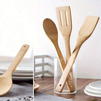 3pcs Bamboo Kitchen Utensil Set, Non-Stick Pan Spatula And Solid Soup Spoon, Wooden Cooking Tools With Long Handles, Bamboo Turner And Slotted Spatula Set, Natural Wooden Kitchen Supplies, Household Kitchenware