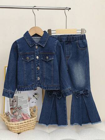 女童蝴蝶结装饰牛仔夹克和牛仔裤套装，春秋季休闲装