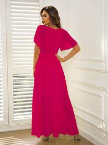 Joyfunear Vestido elegante de manga corta con cuello en V y envolvente de unicolor para mujer - Rosa Fucsia - Ver 5