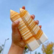 1pc Natural Yellow Calcite Crystal Tower - Elegant Obelisk Point With Golden-Yellow To White Marbling, Polished Smooth Facets For Home Office Decor, Meditation Altar, St. Patrick's Day Easter Mardi Gras Decoration, Spiritual Stone Gift