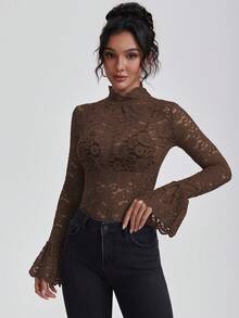 Blusa elegante y sexy de unicolor y transparente con mangas acampanadas de encaje, adecuada para invierno, Navidad y Año Nuevo