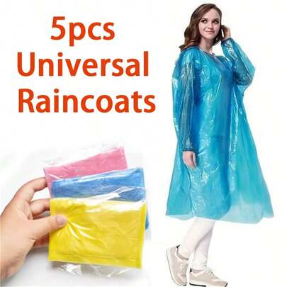 Capas de chuva comprimidas universais, 5 peças, material PE, totalmente à prova d'água, portáteis, adequadas para viagens, caminhadas, pesca, acampamento, capas de chuva para adultos ao ar livre, azul, sem impressão