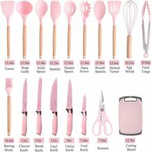 Kitchen Knife Set With Block Pink 19PC Silicone Kitchen Utensil Set And Stainless Steel Knife Set NonStick Sharp Chef Knife And Cooking Utensils Set For Women Family Pink - 粉色 - 查看 5