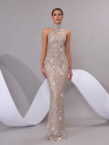 新款女装轻奢重工闪亮亮片拼接水钻设计流苏透视长裙高领无袖修身性感派对小黑裙女婚礼礼仪节正式宴会礼服 - 杏色 - 查看 2