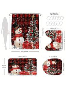 4 pezzi Set di decorazioni natalizie invernali: Tenda da doccia lavabile con motivo pupazzo di neve e albero, include 12 ganci, copriwater a forma di U antiscivolo e tappetino da bagno, adatto per decorazioni natalizie per casa e bagno, regalo
