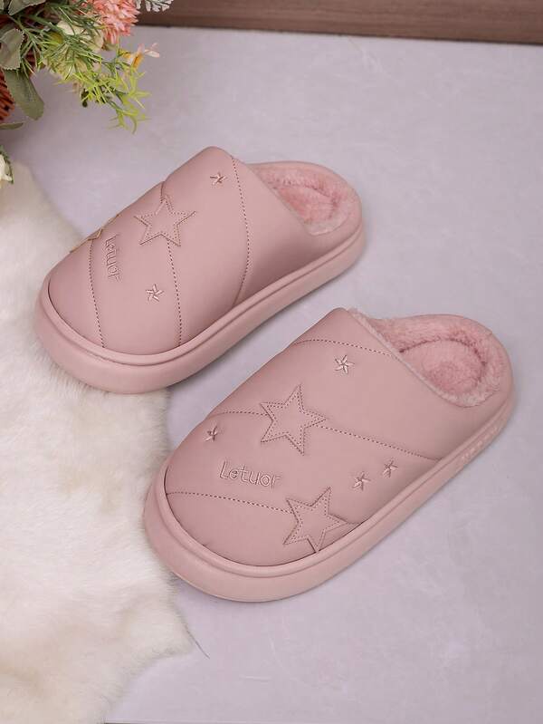 Chinelos de Casal Bordados em Pelúcia de Cor Sólida, Chinelos Internos Confortáveis, Quentes e À Prova d'Água com Decoração de Estrela para Homens e Mulheres, Apropriados para Outono/Inverno/Primavera
