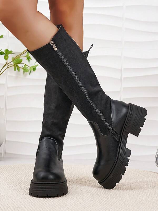 2025 Autumn/Winter Soft Leather Thick Sole Platform Chunky Heel Tall Boots For Women, Slim Fit, Spring/Autumn Ankle Boots, Ladies Motorcycle Boots, Western Style, Side Zipper Knee-High Boots