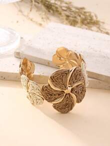 1pc Handmade Exaggerated Floral Paper Yarn Woven Bracelet, Fashionable & Versatile, Suitable For Vacation, Party And Daily Wear - Khaki - View 10