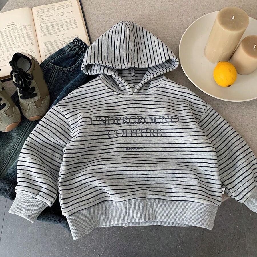 Jungen Kapuzenpullover, neue Winterkollektion 2025, Jungen gestreifter, lässiger, weicher Top mit lockerer Passform - Grau - Übersicht 1