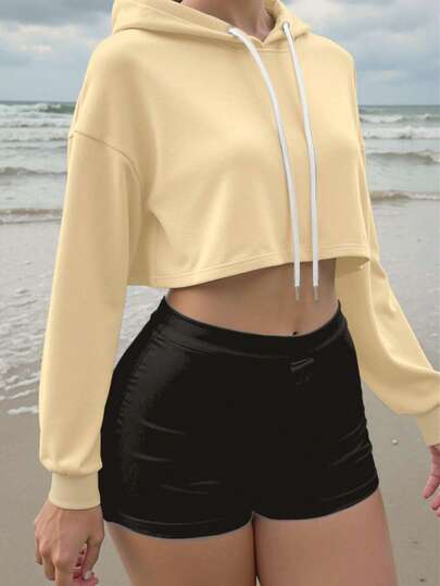 Damen kurze Crop Hoodie Sweatshirt, leichter Kapuzen-Sweatshirt mit Kordelzug für Outdoor-Sport, Laufen, Fitnessstudio-Aktivitäten, Herbst/Winter