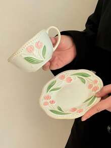 1 pieza Taza de café con diseño de tulipán en relieve y acabado de esmalte craquelado vintage, taza de cerámica de alta calidad para arte de latte, elegante taza para el té de la tarde, taza para desayuno y leche. Adecuada para restaurante, sala de estar, regalo de cumpleaños, regalo para ella, regalo para la mejor amiga