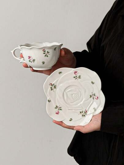 1 Set 300ml Elegant Rose Pattern Ceramic Cup & Saucer, European Style Pink & White Rose Design Ceramic Cup & Saucer, Cup & Saucer With Delicate Rose Details, Suitable For Coffee, Black Tea Tasting, Afternoon Tea And Home Decor