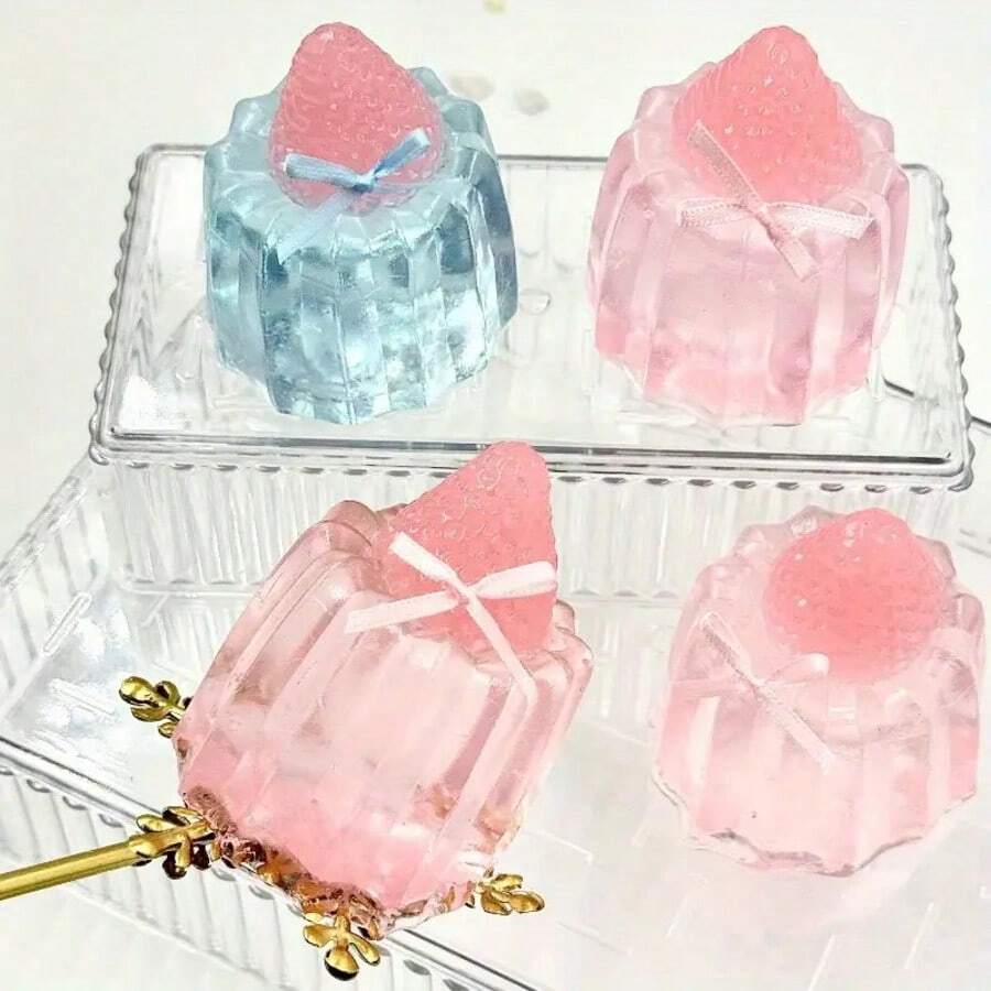 Realistic Strawberry Cake With Bow, Pink Strawberry Cake Squishy, Super Soft Squishable, DIY Handmade Squishies - Multicolor - View 1