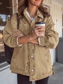 女式休闲宽松牛仔夹克，单排扣口袋，秋季 - 棕色 - 查看 1