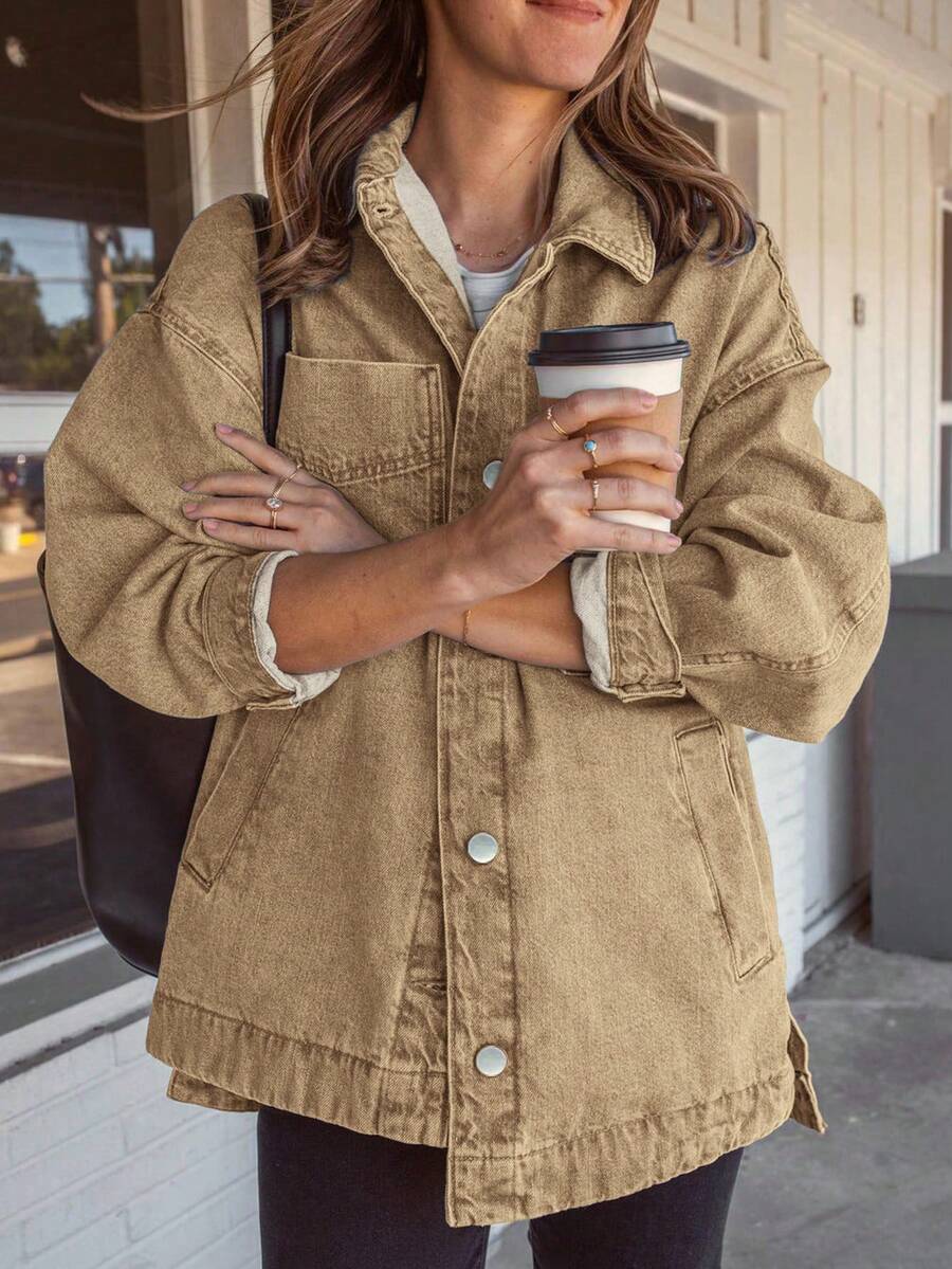 女式休闲宽松牛仔夹克，单排扣口袋，秋季 - 棕色 - 查看 1