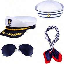 PCS Yacht Captain Hat Sailor Ship Cap Scarf Sailor Hat Boat Dressing Up Accessory Costume Party Women Men - 4件套 - 查看 1