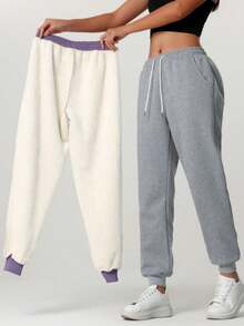 女士冬季保暖抓绒运动裤 - 高腰弹力腰带运动休闲裤，适合跑步、瑜伽等运动 - 灰色 - 查看 2