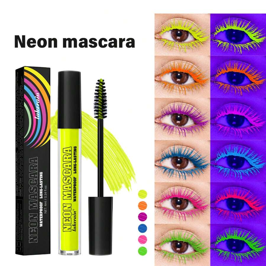 lakerain 1pc Fluorescent Colored Curling Waterproof Sweat-Resistant Long-Lasting Mascara, Suitable For Halloween, Festivals, Cosplay - 彩色 - 查看 1