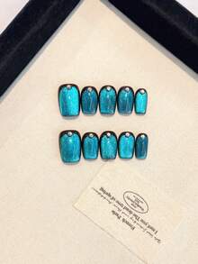 10PCS Handmade False Nails With Huge Starry Sky Cat Eyes, Small Broken Diamonds, And A Metallic Texture. Pressing Nails Are Suitable For Women And Girls In Daily Life, Parties, Dances, And As Gifts For Friends. Short Fake Nails Are Simple, Cute, And Versatile, With Jelly Glue And Rubbing Strips As Gifts - Blue - View 13