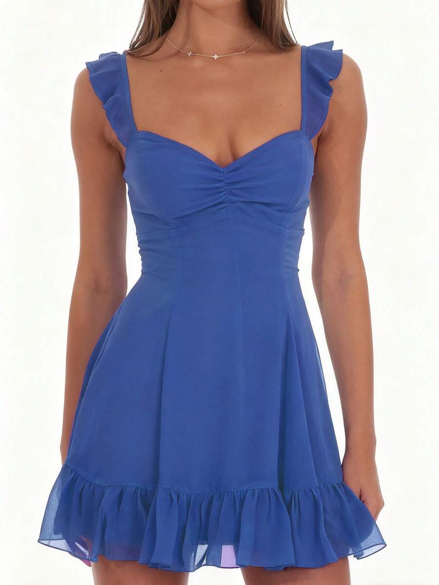 Women Y2k Graduation Mini Dress Ruffle Hem Lace Short Dress Flowy A Line Tie Back Dresses Party Clubwear - 寶藍色 - 查看 1
