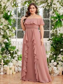 Váy phù dâu tay ngắn bằng vải voan hở vai thanh lịch cỡ lớn dành cho nữ, thắt eo trang trí - Bụi hồng - Xem 3