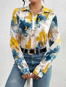 Women's Satin Watercolor Floral Print Button Down Blouse, Long Sleeve V Neck Casual Top For Spring & Brunch - 白色 - 查看 3