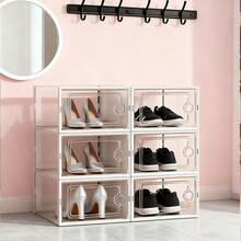 6/12 Pieces Stackable Transparent Shoe Boxes, Sturdy Hard Plastic Shoe Box Storage, Easy To Assemble Free Combination Closet Sports Shoe Storage Box, Shoe Display Box, Suitable For Wardrobes, Entrances, Under The Bed, Practical Halloween/Christmas Gifts - 白色 - 查看 6