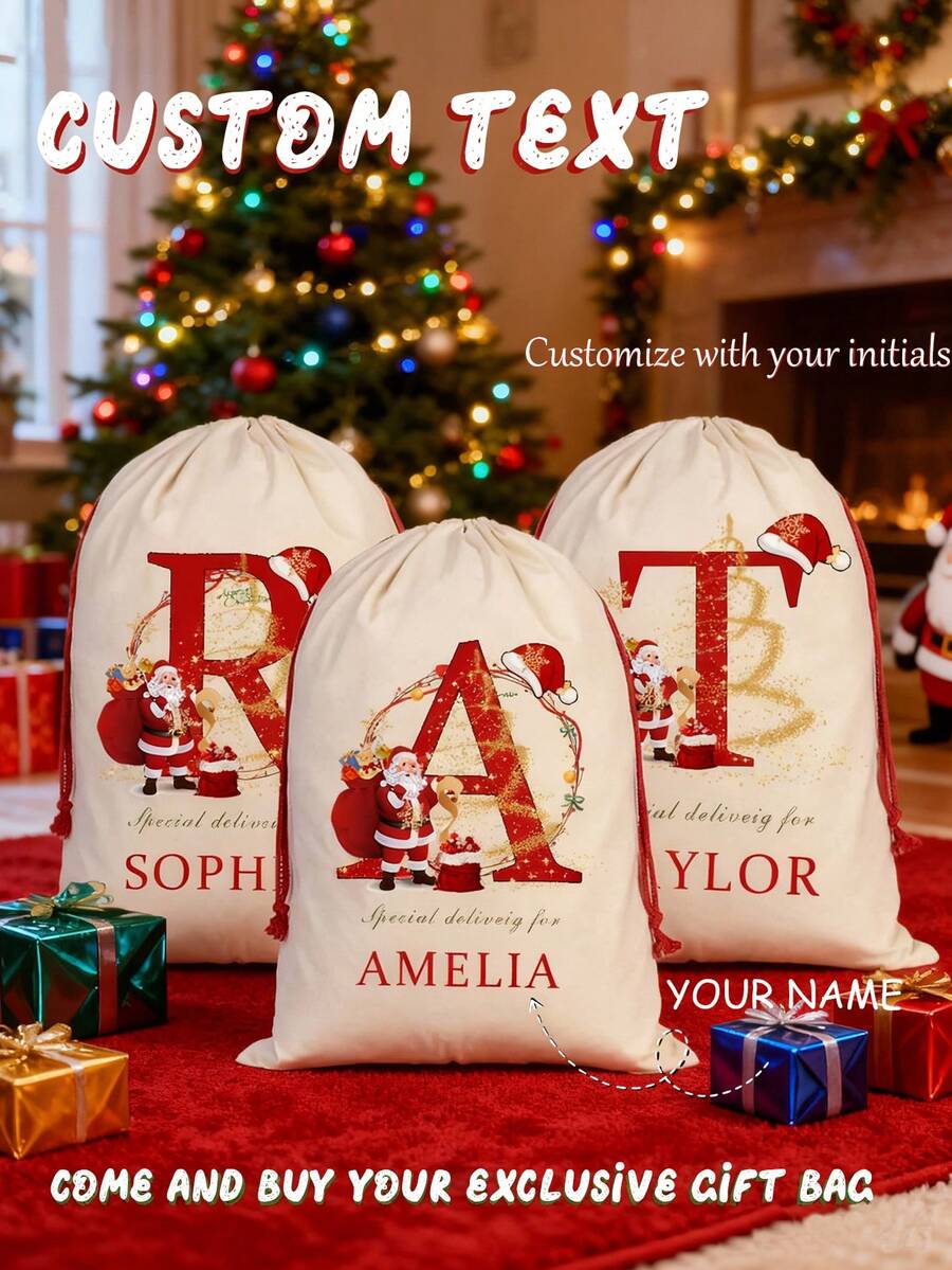 1PC Initial Christmas Santa Sack, Personalized Xmas Gift Pouch, Large Christmas Canvas Gift Bag With Drawstring,Monogrammed Drawstring Bag,Initial Christmas Santa Sack Personalized Monogram A Christmas Gift Bag With Drawstring Large Reusable Canvas Santa Bag New Year Christmas Party Supplies Favors